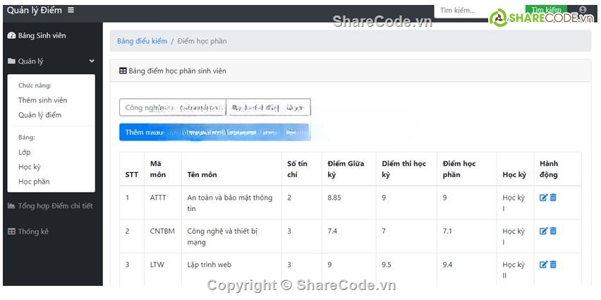 Code quản lý,Code php,full báo cáo,Code quản lý điểm sinh viên