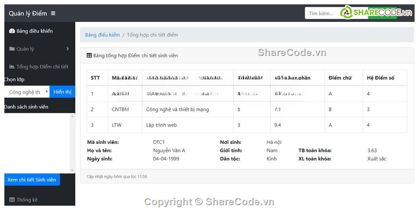 Code quản lý,Code php,full báo cáo,Code quản lý điểm sinh viên