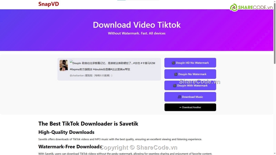 Source code web,tải tiktok,tải tiktok không watermark