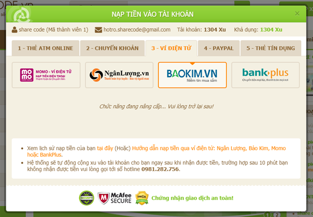 Hướng dẫn NẠP TIỀN vào tài khoản Nạp tiền qua momo, nạp qua chuyển khoản, nạp tiền qua thẻ atm, ví điện tử, nạp xu qua Bankplus, nạp xu qua bảo kim