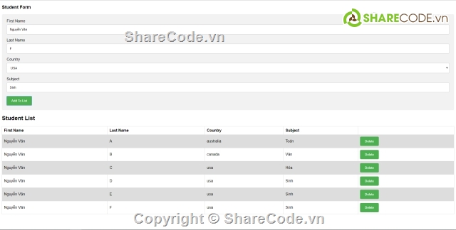 javascript,thông tin sinh viên,add student to table,add student