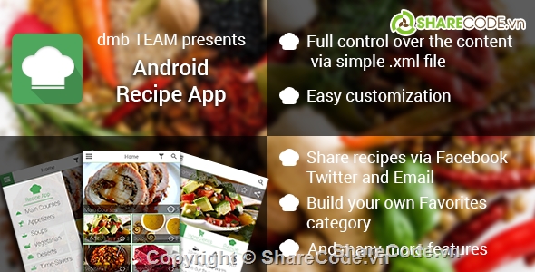 App Android,Recipe App,CodeCanyon,Share via Facebook,ứng dụng đặt món ăn