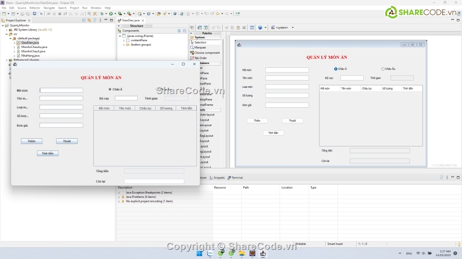 Quản lý món ăn java,Quản lý đặt món ăn swing,App java,đồ án java swing,bài tập java swing,sharecode