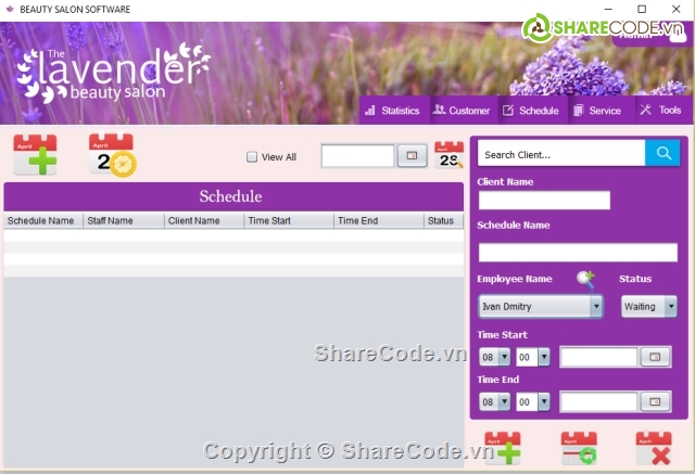 Beauty Salon Manager Java,Quản lý Salon,Schedule Salon,Quản lý thẩm mỹ viện,Lavender,Salon manager