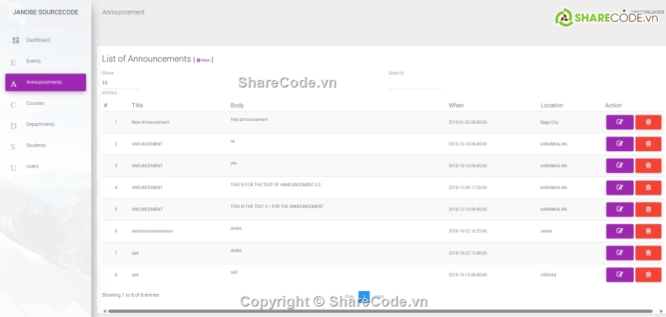 quản lý trường học,thông báo trường học,php mysql