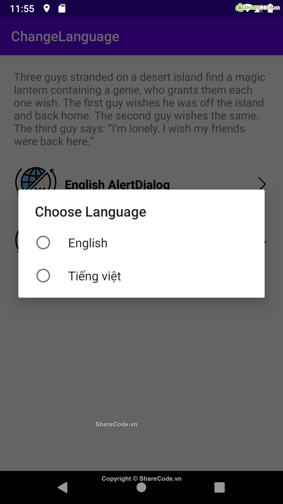 ứng dụng android,alter dialog,localstorage,kotlin,Chuyển đổi ngôn ngữ