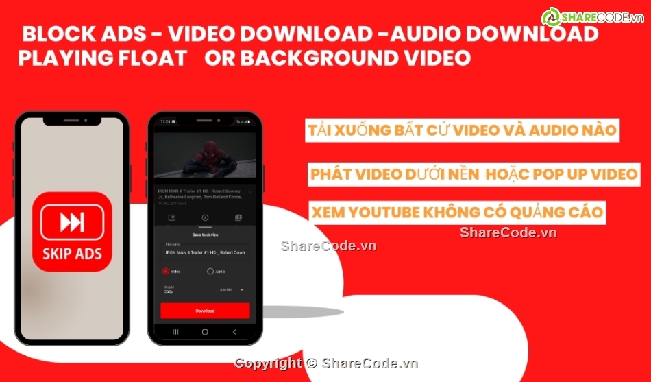 Skip Ads,Video Downloader,Khóa quảng cáo Youtube,Chơi video dưới nền