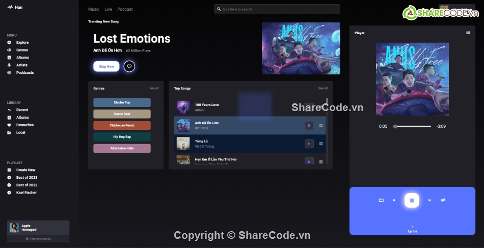 Suorce app music,Website nghe nhạc,code javascript hay