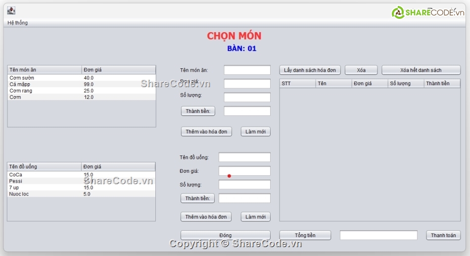 quản lý quán ăn java,code quản lý java,code quản lý món ăn,quản lý quán ăn java swing