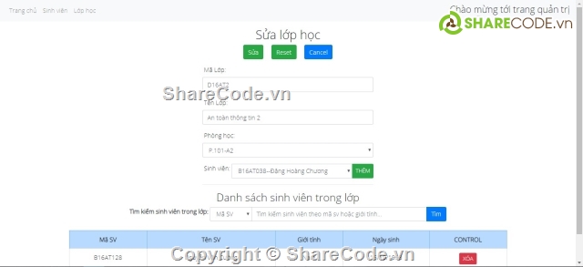 Code quản lý,MVC,lớp học,mô hình,đầy đủ chức năng,quản lý