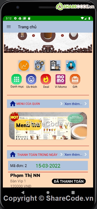 đầy đủ chức năng,Code quản lý coffee,quản lý quán coffee,ứng dụng android coffee,Code quản lý Coffee