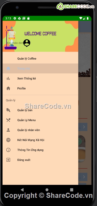 đầy đủ chức năng,Code quản lý coffee,quản lý quán coffee,ứng dụng android coffee,Code quản lý Coffee