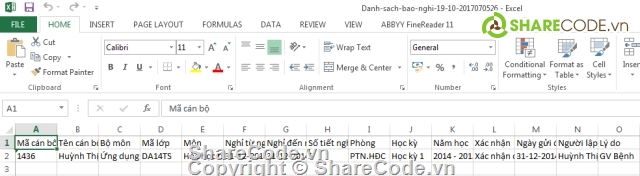 báo nghỉ,báo bù,xuất file excel,code ph,full code web quản lý