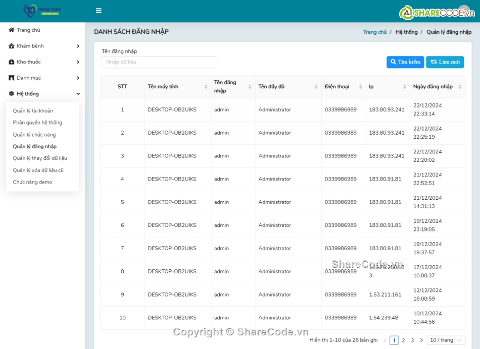 Code web,web quản lý,quản lý phòng khám đa khoa