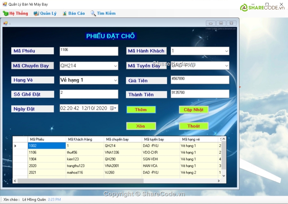 bán vé chuyến bay,đồ án bán vé máy bay,bán vé máy bay c#,quản lý bán vé máy bay c#
