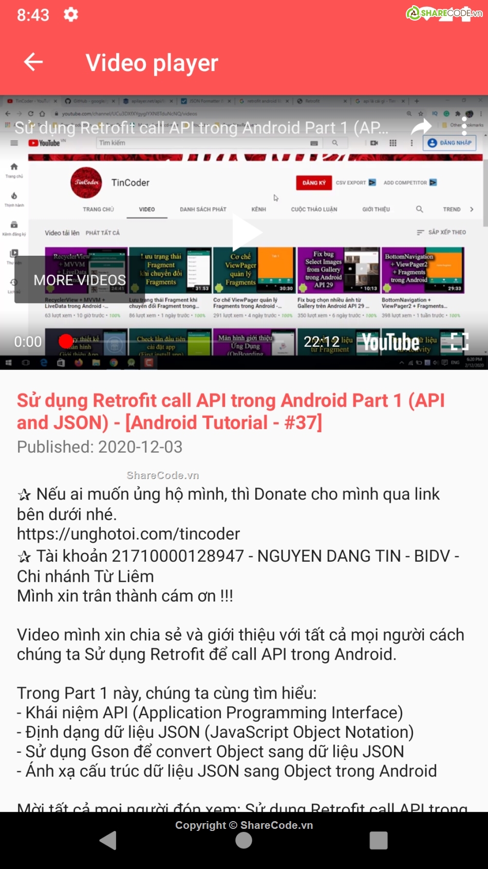 YouTube Channel Android Application,android youtube channel app,source code youtube channel app,youtube channel app android kotlin,youtube api v3 android app,play video youtube on android studio