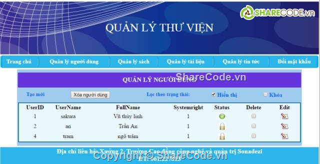 Website quản lý,quản lý thư viện,quản lý thư viện SONADEZI,web quản lý,web thư viện sách