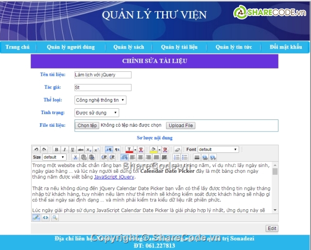 Website quản lý,quản lý thư viện,quản lý thư viện SONADEZI,web quản lý,web thư viện sách