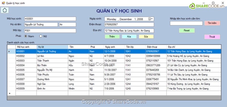 Code đồ án,phần mềm C#,Quản lý học sinh,C#,winform,phần mềm