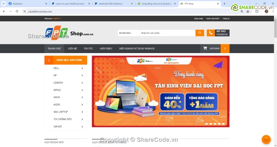 thanh toán paypal,đầy đủ chức năng,web fpt shop,website bán hàng,bán laptop,full code