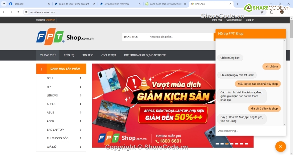 thanh toán paypal,đầy đủ chức năng,web fpt shop,website bán hàng,bán laptop,full code