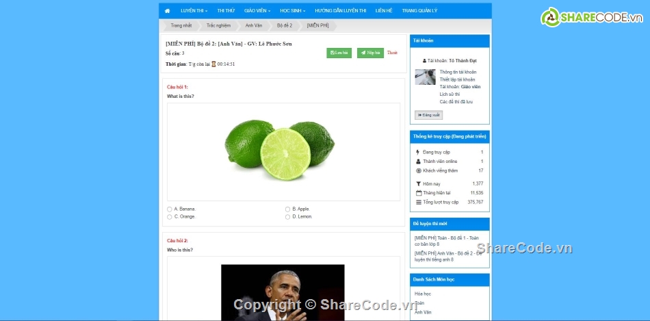 Website thi trắc nghiệm,Website luyện thi,Code thi trắc nghiệm,web thi trắc nghiệm