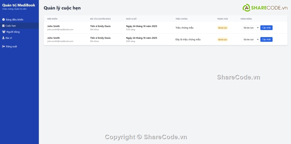 lịch hẹn,Đặt lịch,quản lý khám bệnh