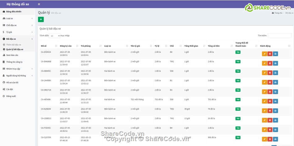 Code quản lý,Hệ thống quản lý,Code quản lý xe