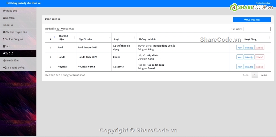 quản lý,Hệ thống quản lý,thuê xe