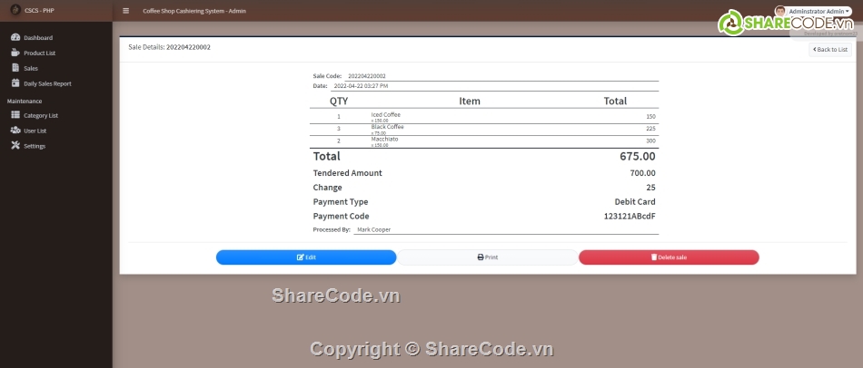 quán lý cà phê,quán cà phê web,thu ngân