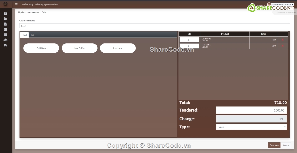 quán lý cà phê,quán cà phê web,thu ngân