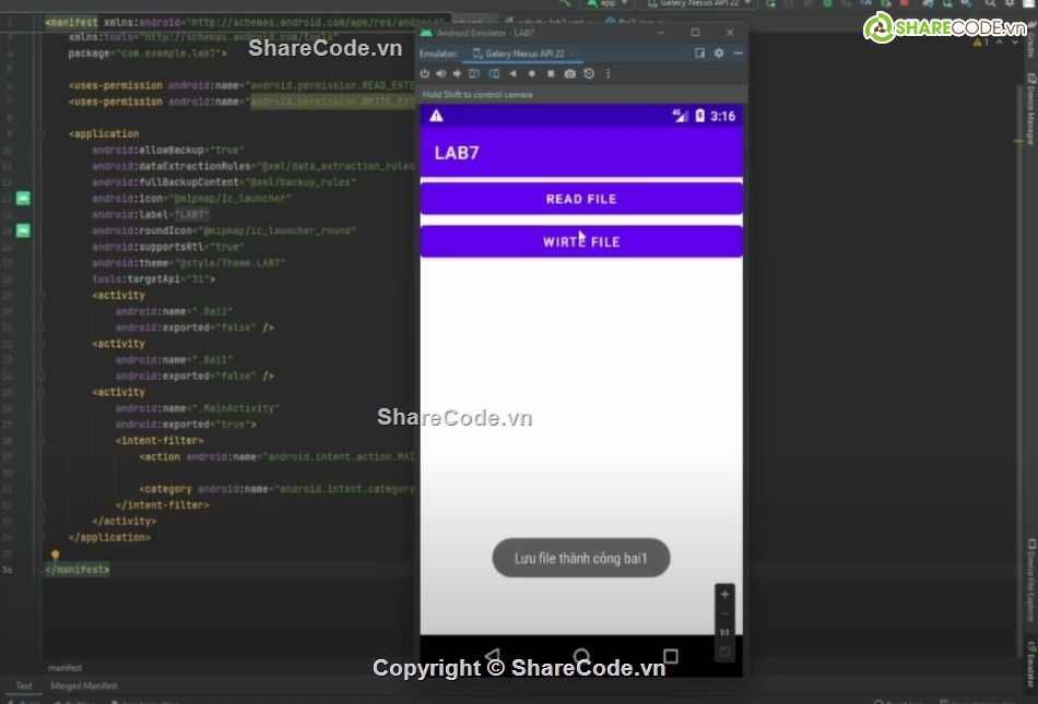 LAB7 MOB1032,Code Android xuất file,Code android đọc file,Xuất file Fpt Polytechnic,Code android  Lưu trữ bộ nhớ ngoài