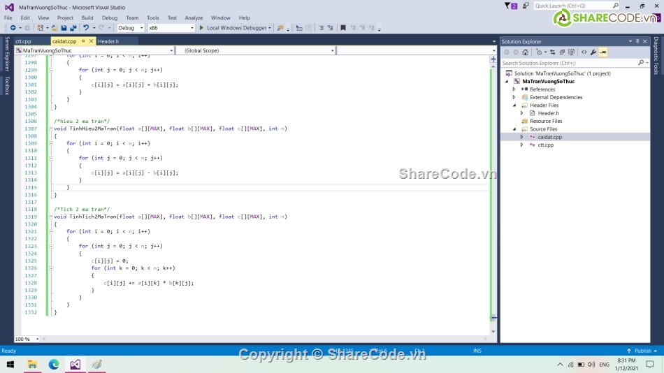 ma trận vuông C++,Code ma trận vuông,ma trận vuông,đồ thị ma trận vuông số thực