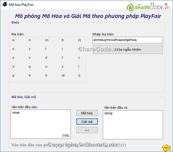 demo playfair,mô phỏng mã hóa playfair,demo playfair c#
