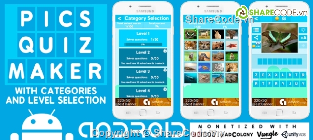 Pics Quiz Maker With Categories,code source unity,souce code Monetized,Pics Quiz