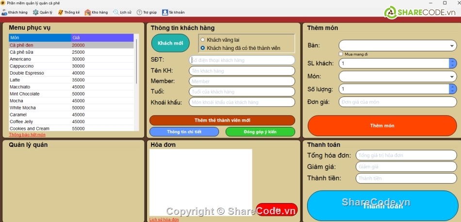 Quản lý quán cà phê,quán lý cà phê,Quản lý quán cà phê C#