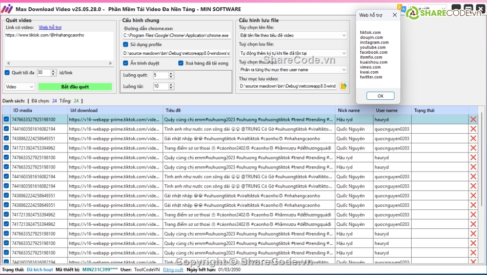MaxDownloadVideo,tải video hàng loạt,sharecode
