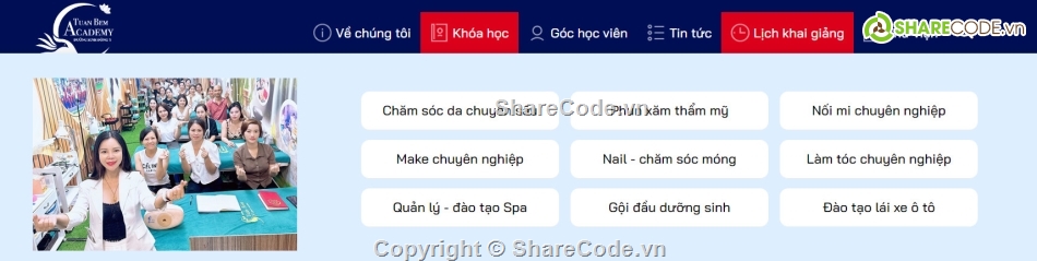 Sharecode web khóa học thẩm mỹ,website khóa học,website khóa học spa,code website khóa học spa,sharecode khóa học spa