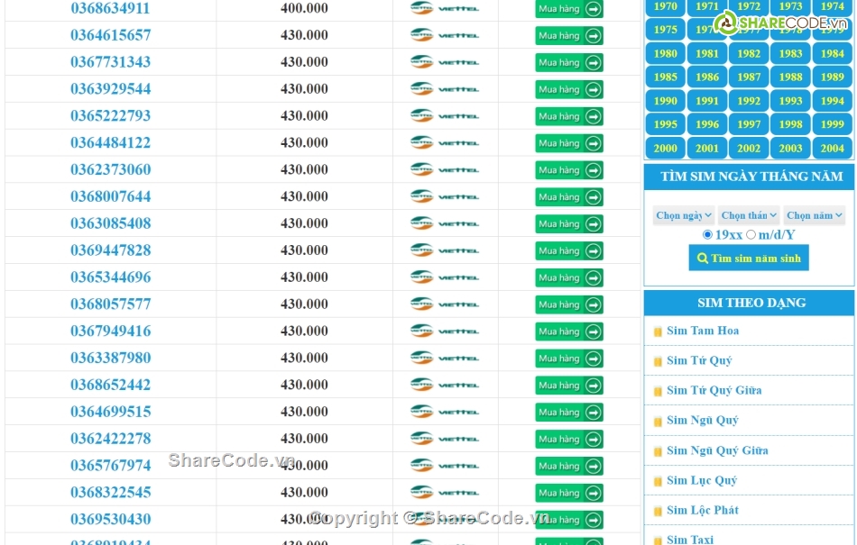 Web bán sim số đẹp,sim số đẹp,code web sim số,Code bán sim số đẹp PHP,Source Code bán sim