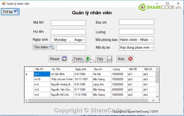 Source code windows form,Source code C#,bài tập lớn C#,BTL Winform,Quản lý nhân sự bằng C# Winform