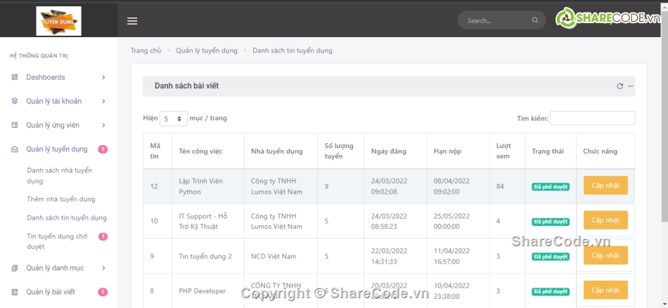 website tuyển dụng,quản lý tuyển dụng,website tìm việc,code Website tuyển dụng
