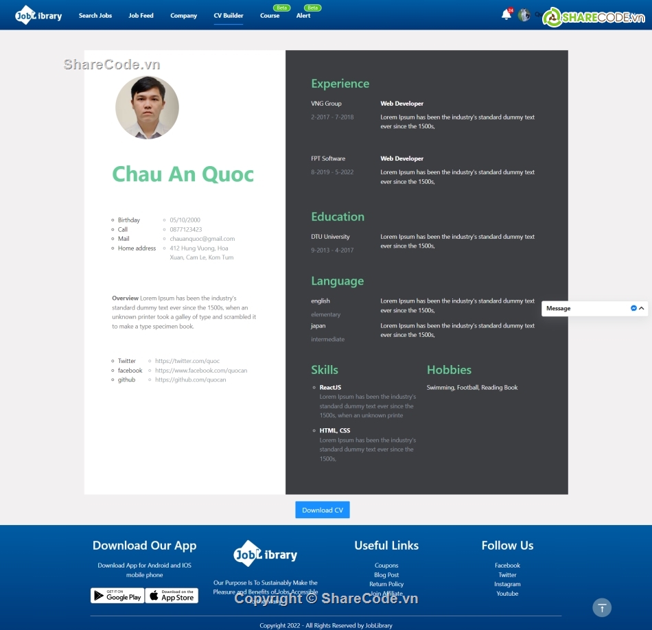 Joblibrary,tạo cv,facebook newsfeed,video call,code website đẹp,đồ án