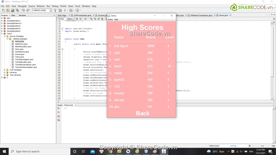 Java Game Tetris,Code game java tetris,Game Xếp gạch