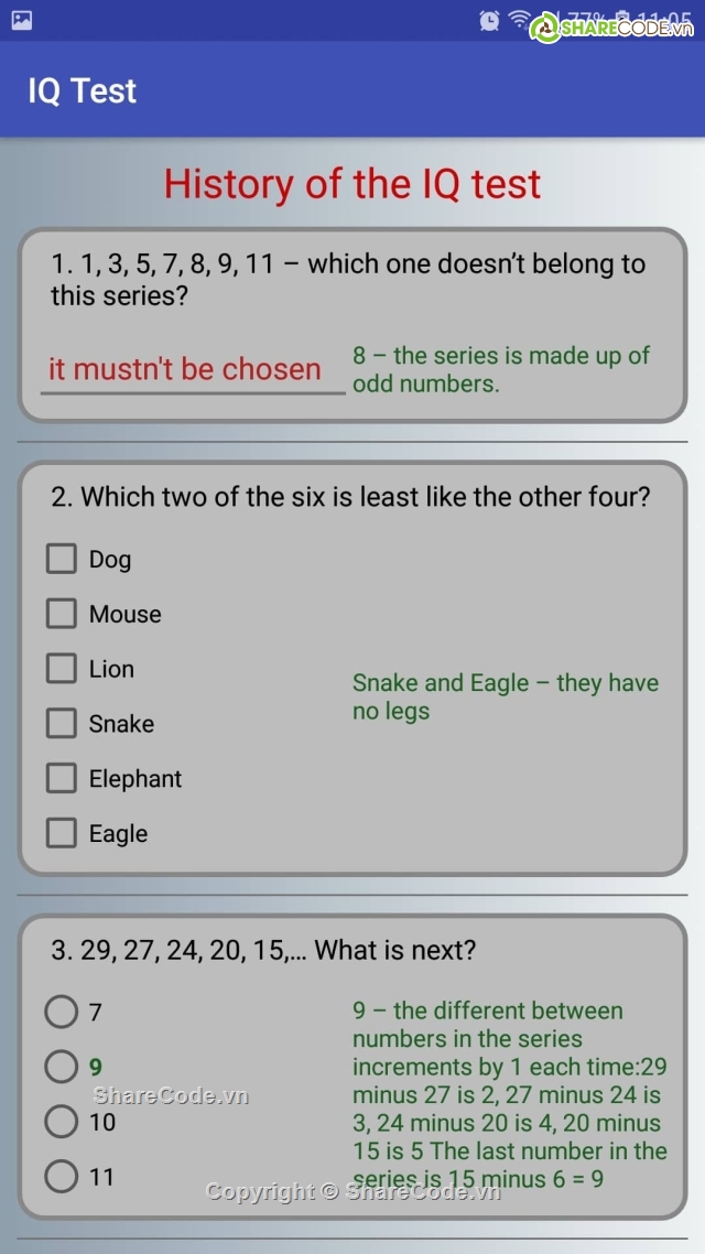 android,IQtest,code IQ,code dễ hiểu,Ứng dụng android,Ứng dụng