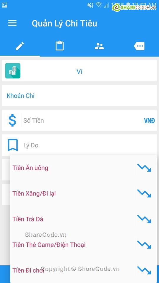 quản lý thu chi,thu chi,thu chi cá nhân,quản lý thu chi cá nhân,Ứng dụng android,giao diện