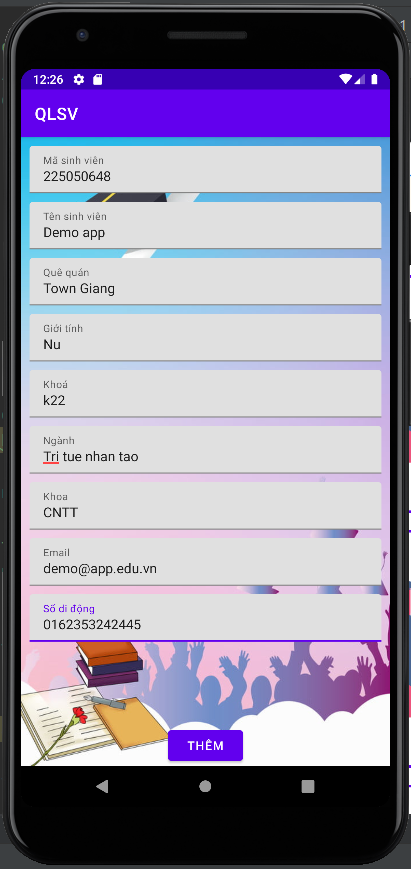 ứng dụng quản lý sinh viên,quản lý sinh viên android,thêm xóa sửa tìm kiếm,quản lý sinh viên,Code quản lý sinh viên,android quản lý sinh viên
