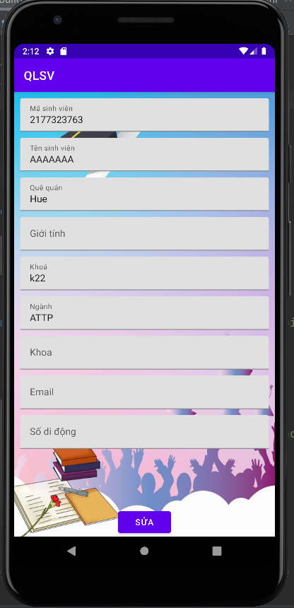 ứng dụng quản lý sinh viên,quản lý sinh viên android,thêm xóa sửa tìm kiếm,quản lý sinh viên,Code quản lý sinh viên,android quản lý sinh viên