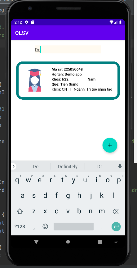 ứng dụng quản lý sinh viên,quản lý sinh viên android,thêm xóa sửa tìm kiếm,quản lý sinh viên,Code quản lý sinh viên,android quản lý sinh viên
