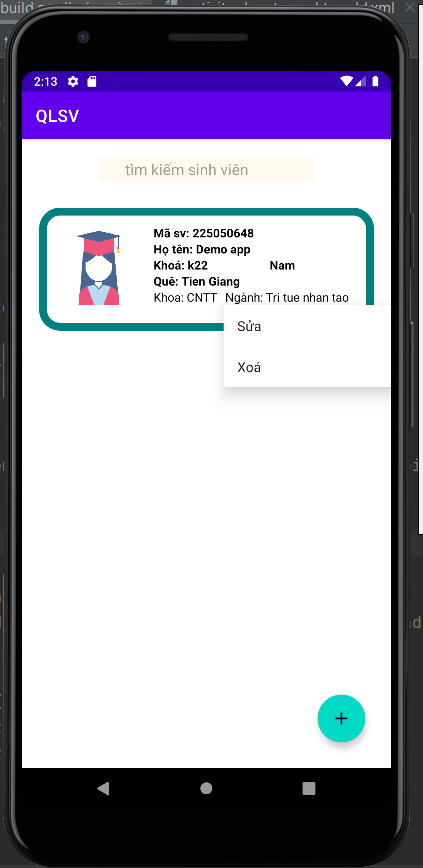 ứng dụng quản lý sinh viên,quản lý sinh viên android,thêm xóa sửa tìm kiếm,quản lý sinh viên,Code quản lý sinh viên,android quản lý sinh viên