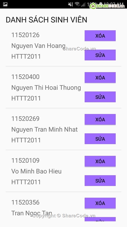 quản lý sinh viên,danh sách sinh viên,sinh viên,học sinh,Ứng dụng android,quản lý